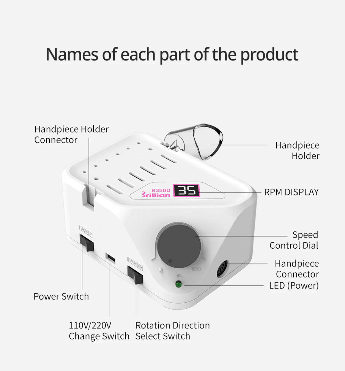 Saeshin Brillian B350D Professional Nail Drill  Saeshin + H350 White Handpiece – 35K RPM - Image 3